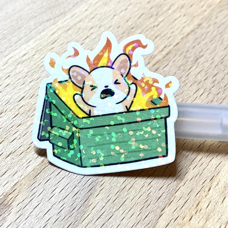 Holographic Corgi Dumpster Fire Die Cut Sticker