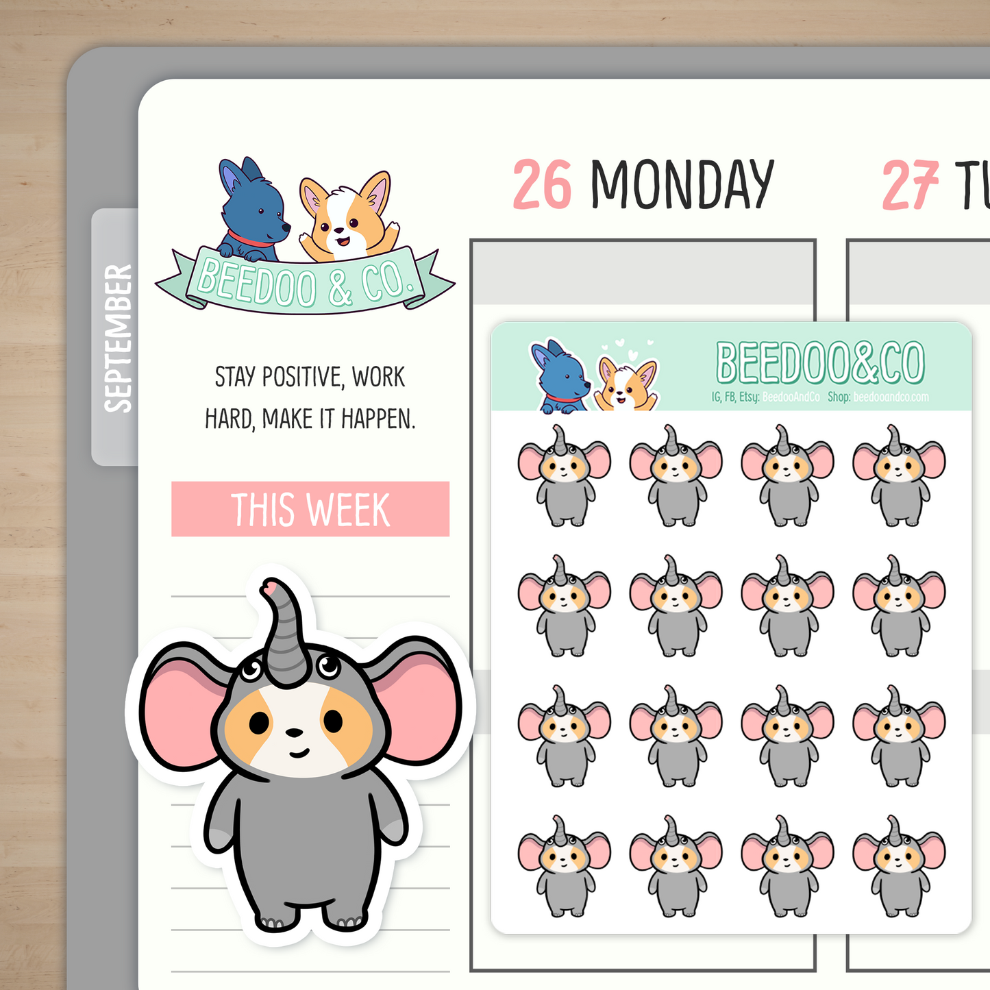 Elephant Onesie Miso Corgi Planner Stickers