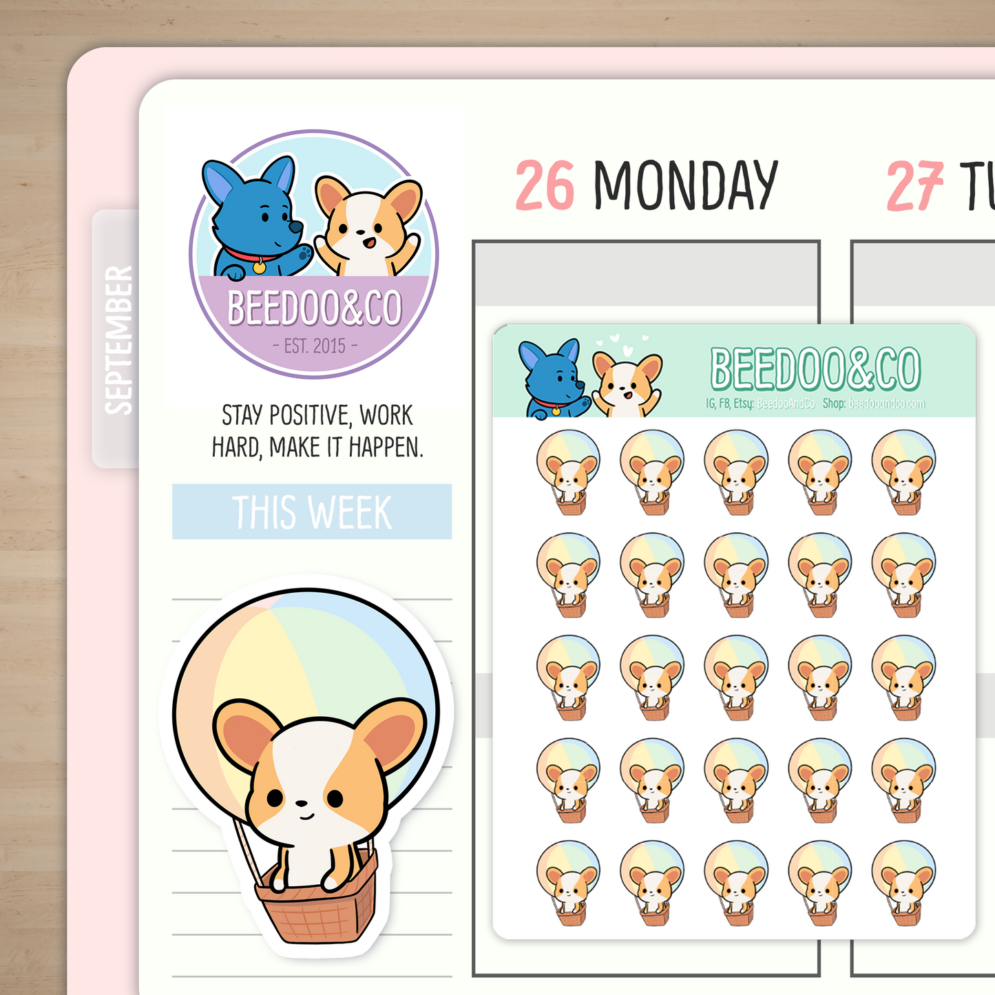 Miso The Corgi Rides A Hot Air Balloon Planner Stickers