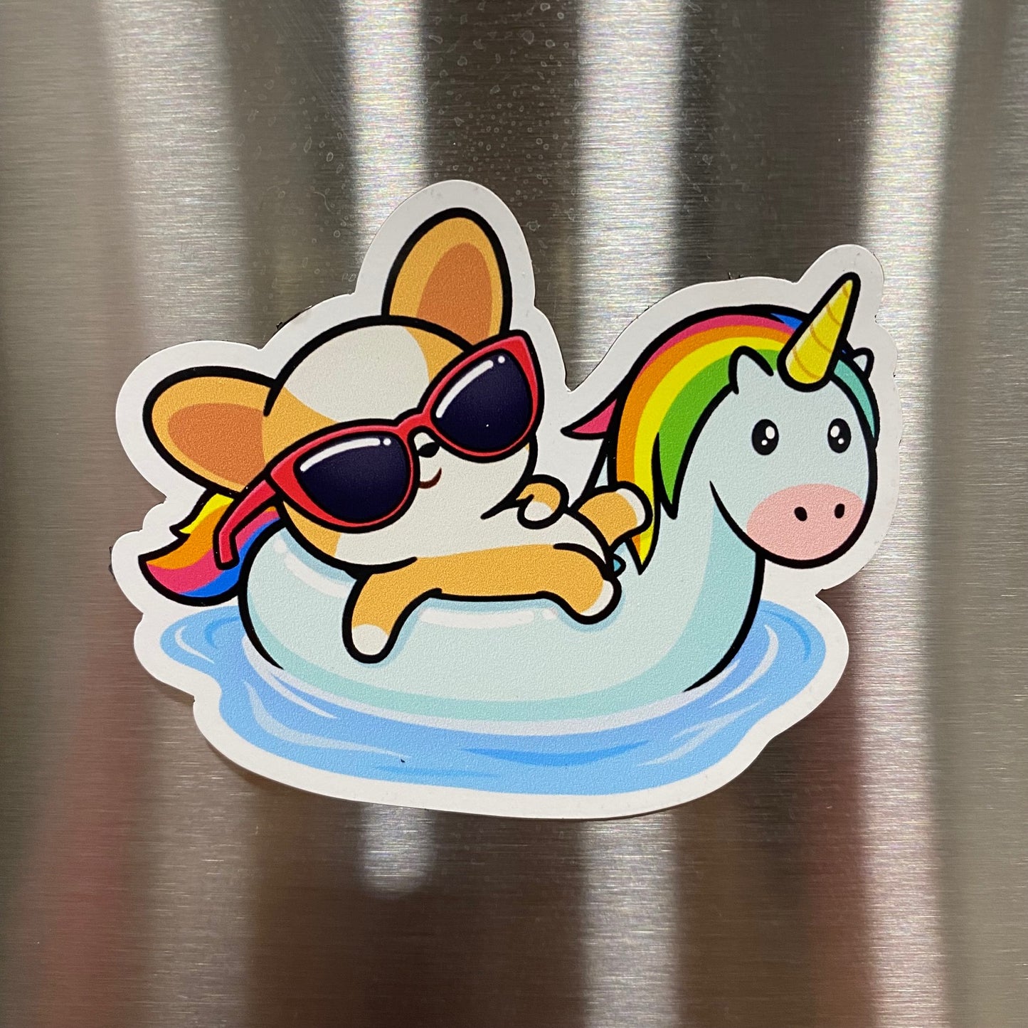 Miso The Corgi In A Unicorn Floatie Fridge Magnet (3”)