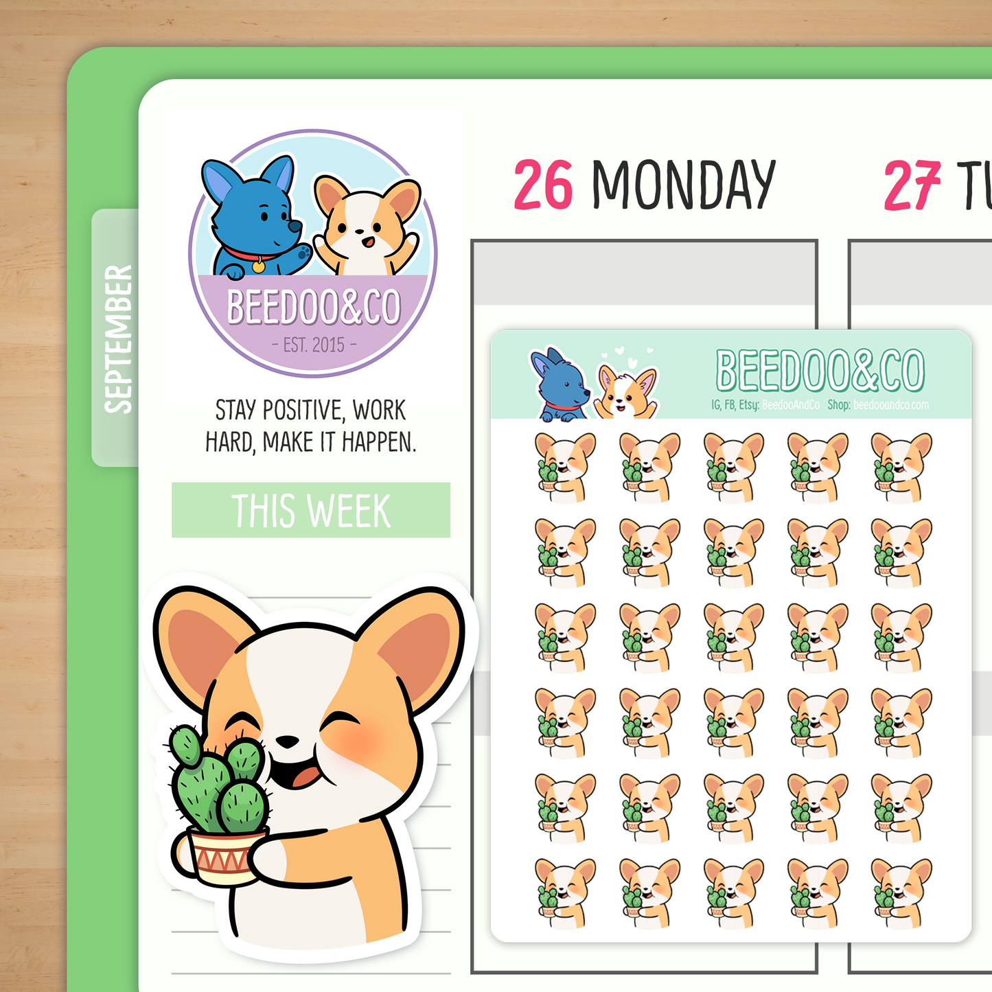 Miso Corgi Holding Cactus Planner Stickers