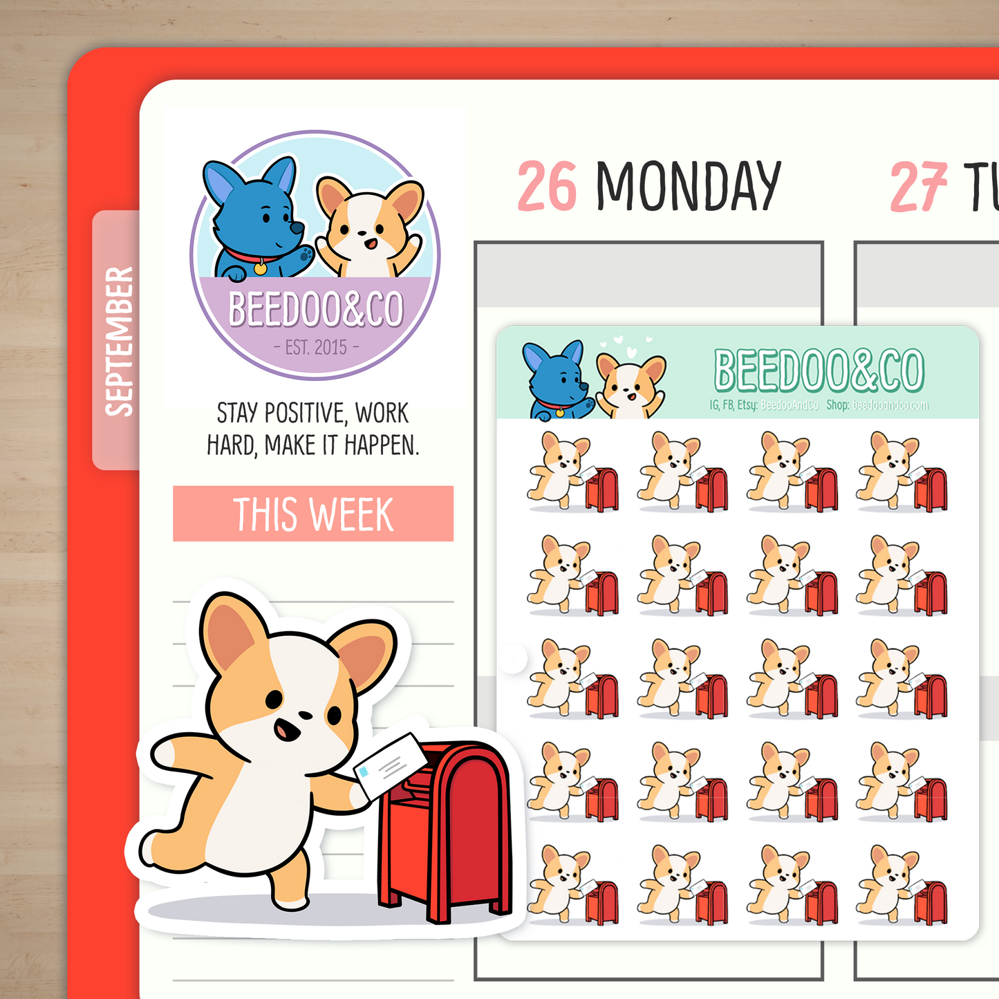 Miso Corgi Sending Mail (Red) Planner Stickers