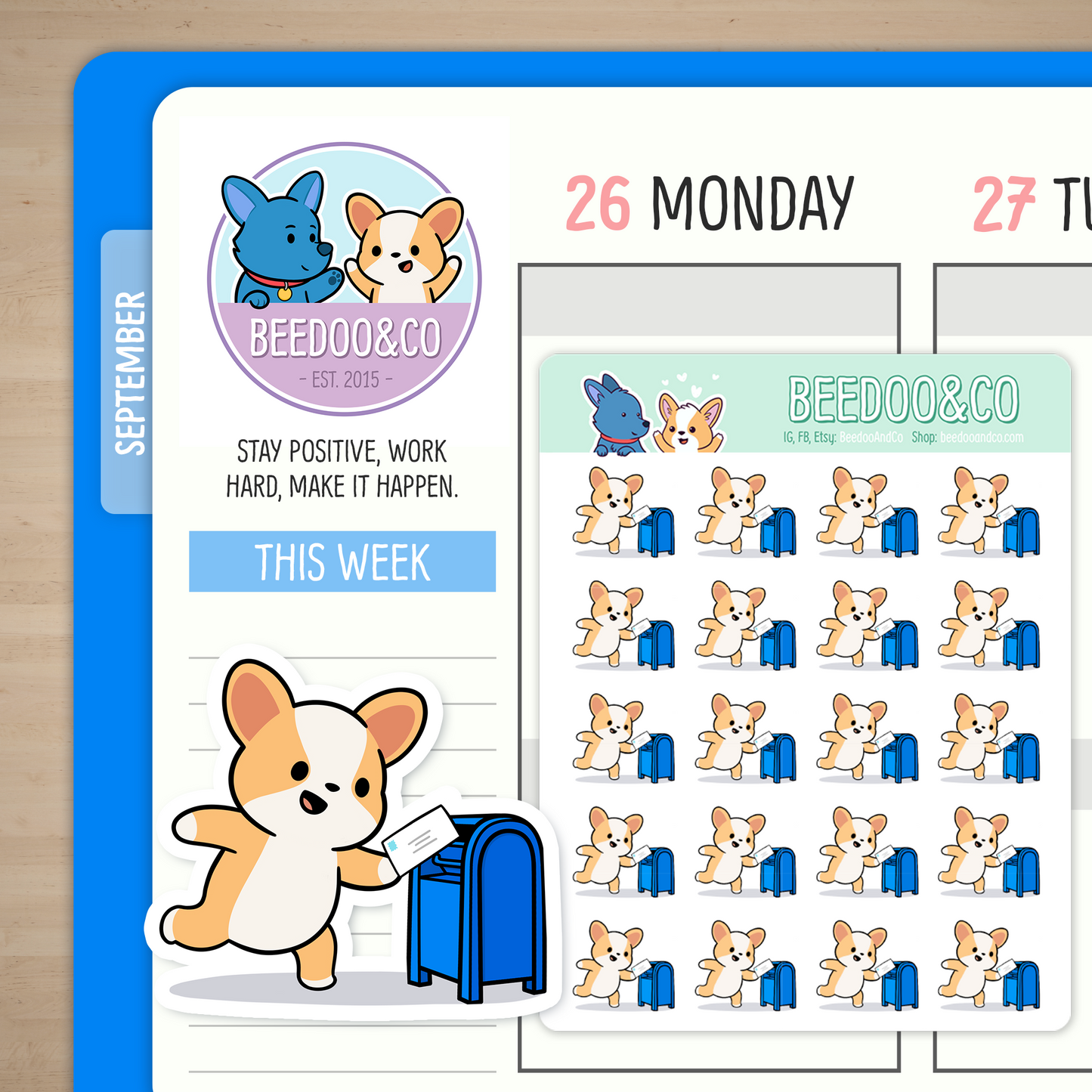 Miso Corgi Sending Mail (Blue) Planner Stickers