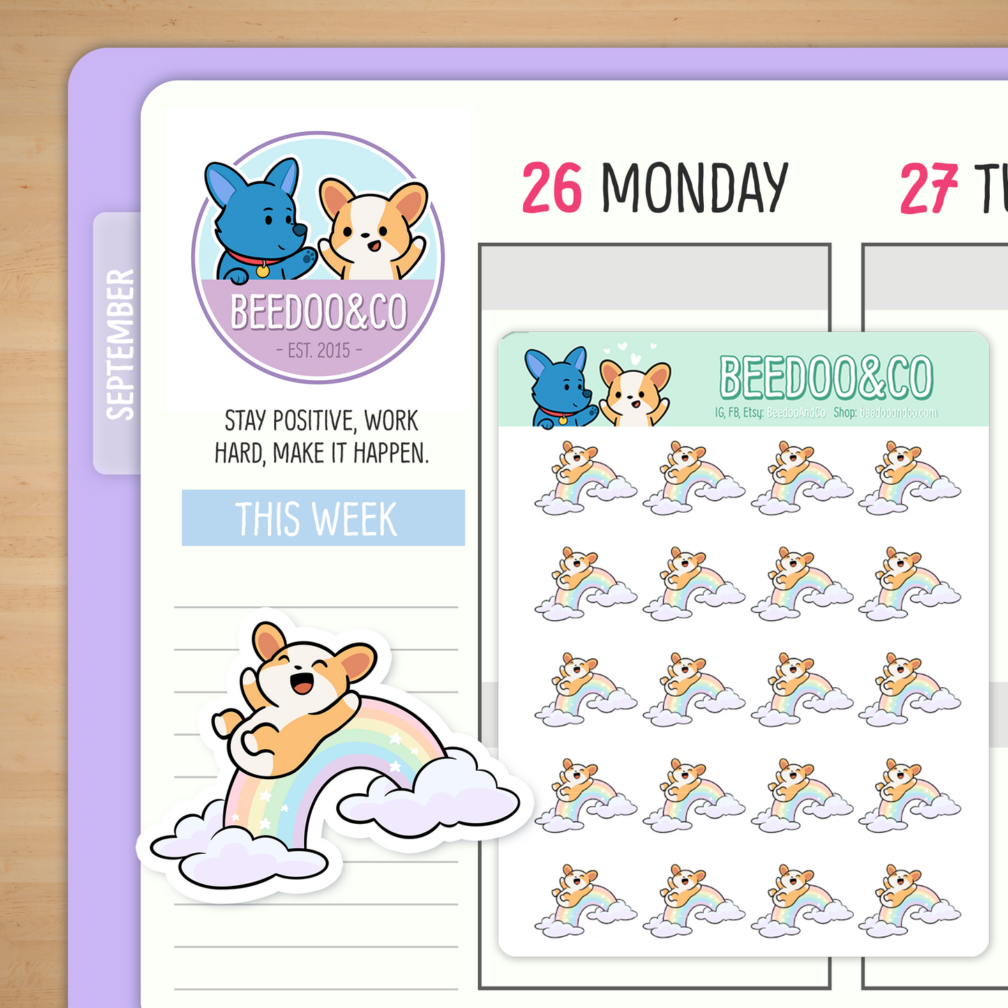 Miso The Corgi Rides A Rainbow Planner Stickers