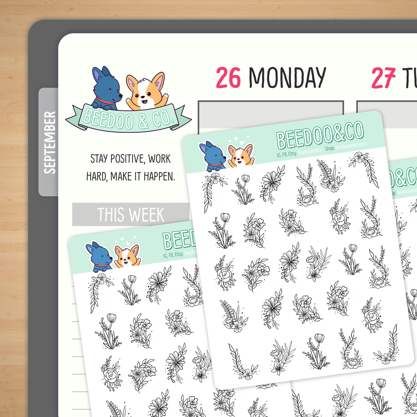 Black and White Floral Illustration Planner Stickers