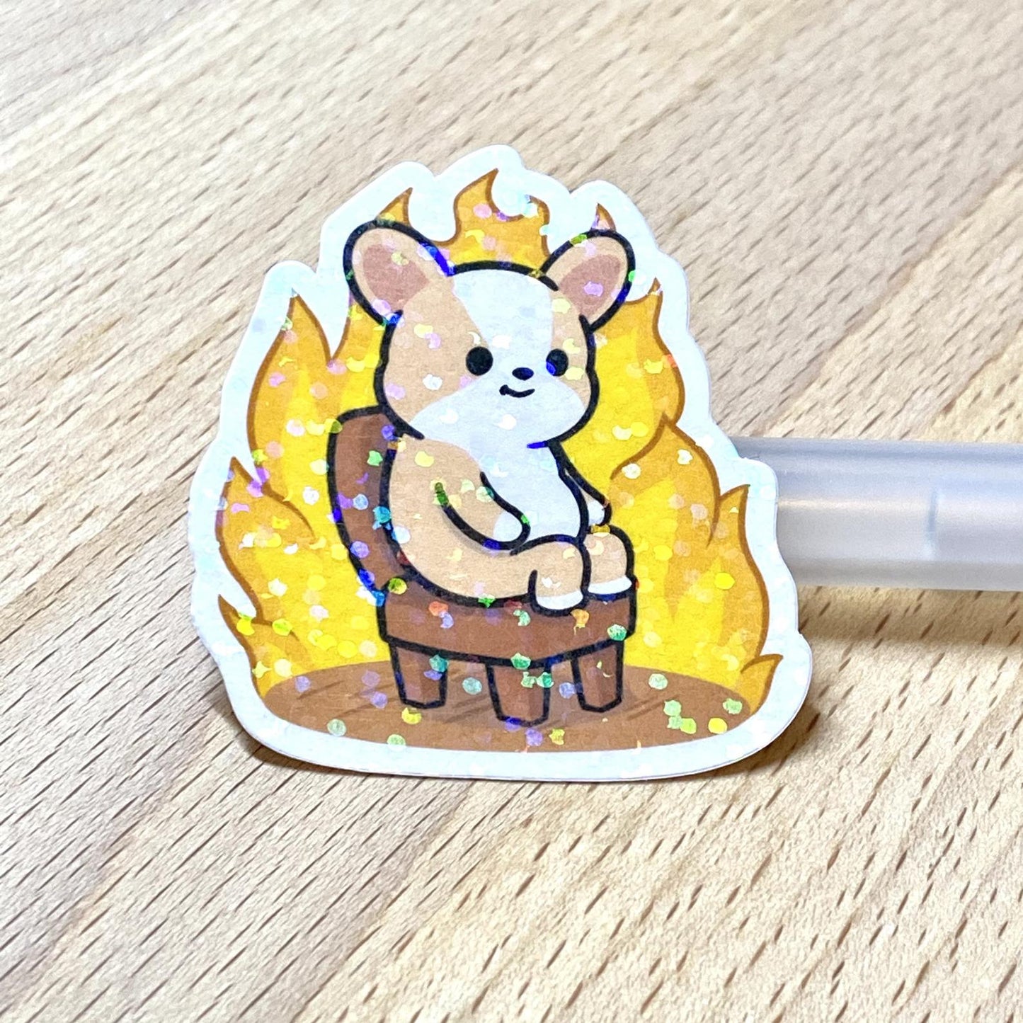 Holographic Corgi On Fire Die Cut Sticker