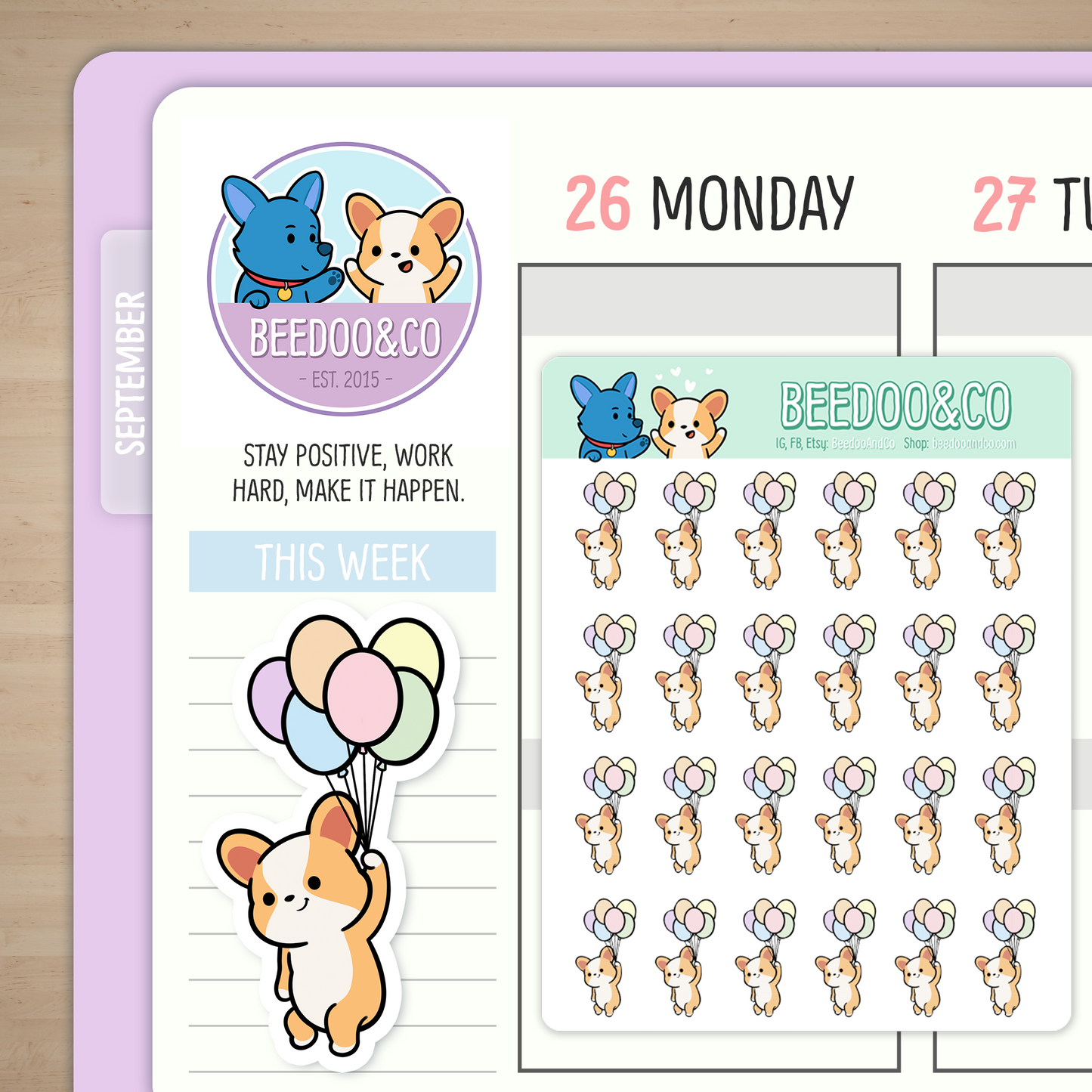 Miso The Corgi Has Rainbow Balloons Planner Stickers