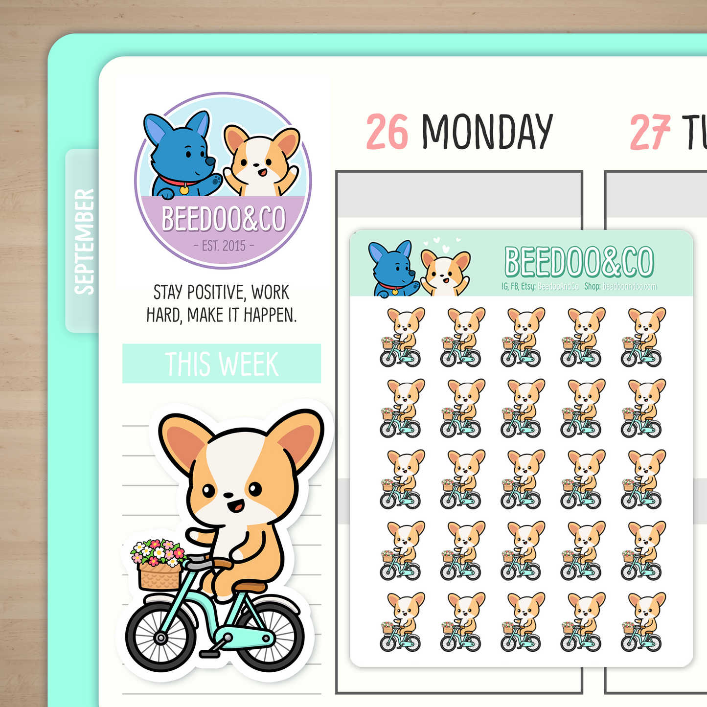 Miso The Corgi Riding A Bike Planner Stickers