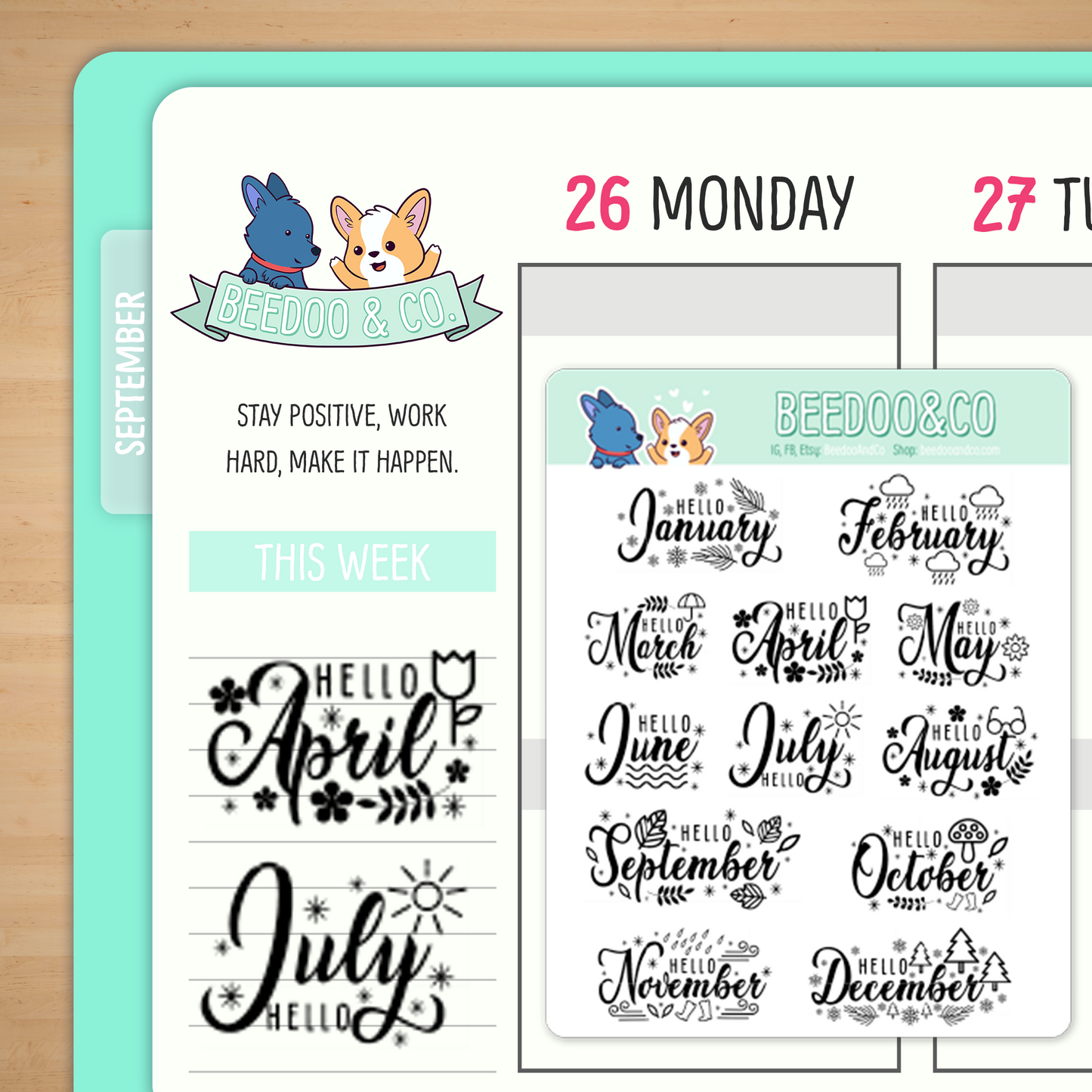 Hello Months Doodle Script Planner Stickers