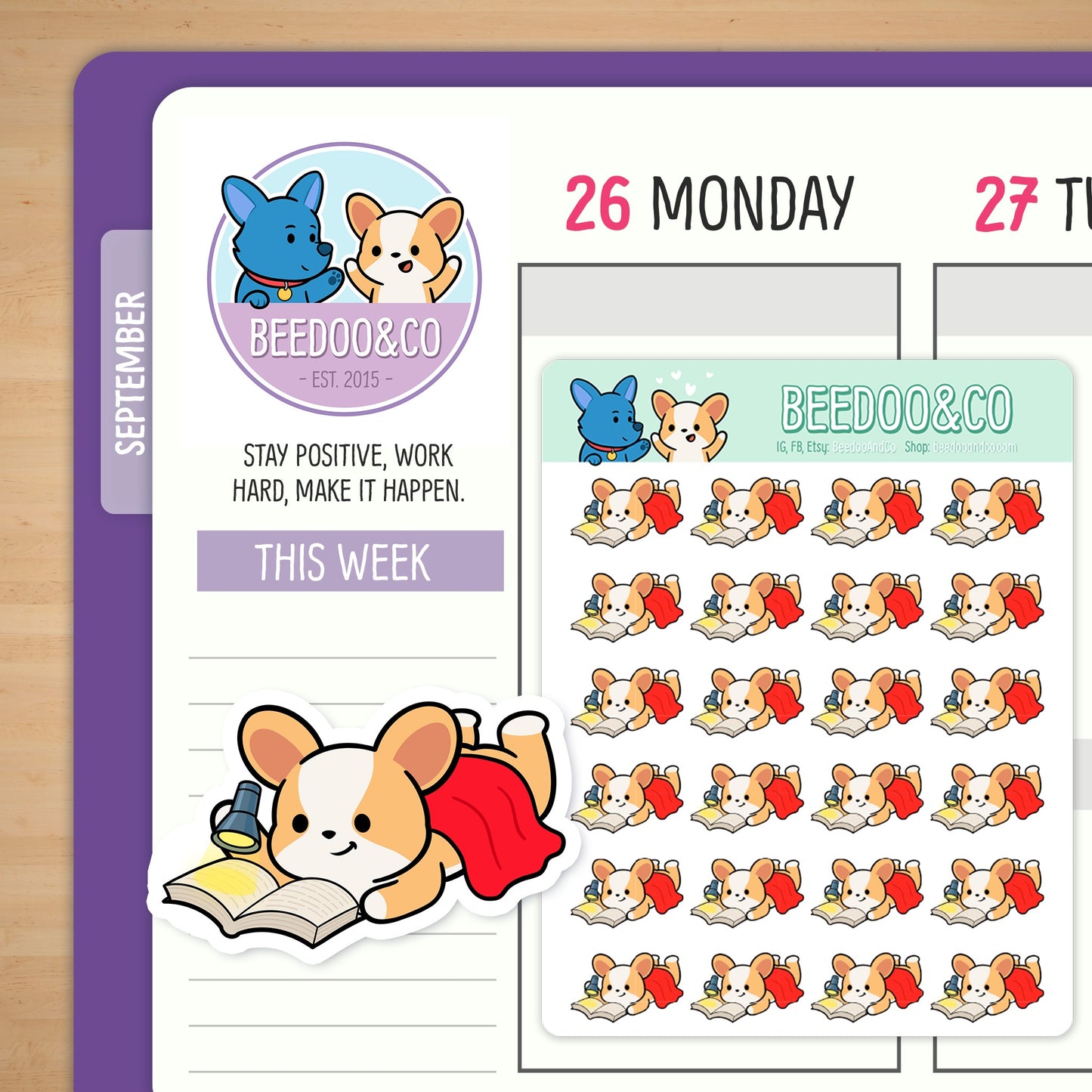Miso The Corgi Reading Late Planner Stickers