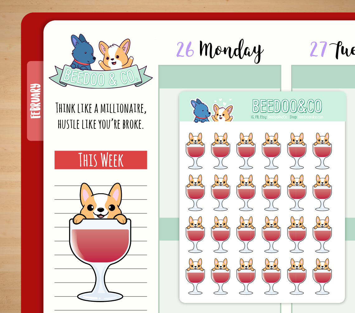 Hand Drawn corgi in Wine Planner Stickers