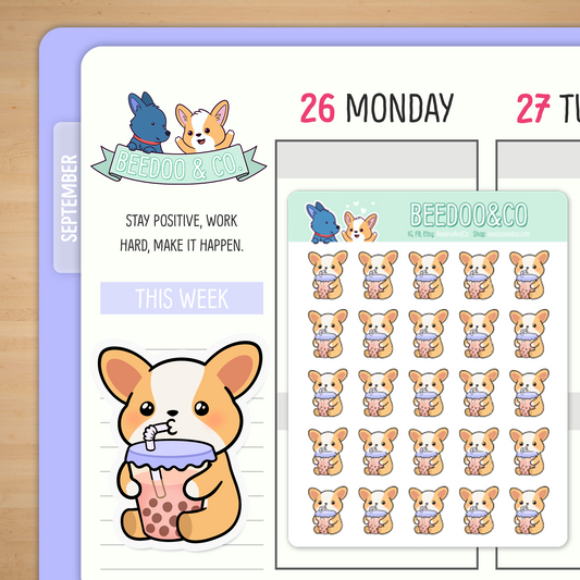 Miso the Corgi Drinking Bubble Tea Planner Stickers