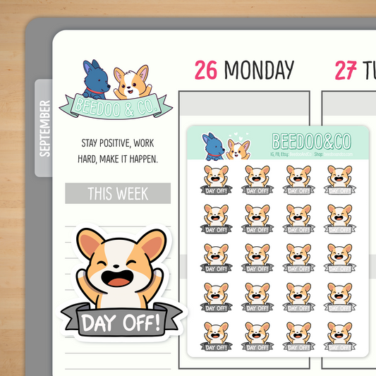 Day Off Miso Corgi Planner Stickers - Greyscale