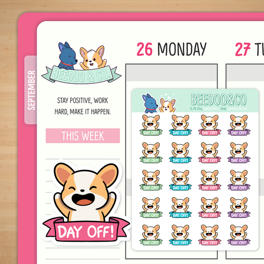 Day Off Miso Corgi Planner Stickers - Neon