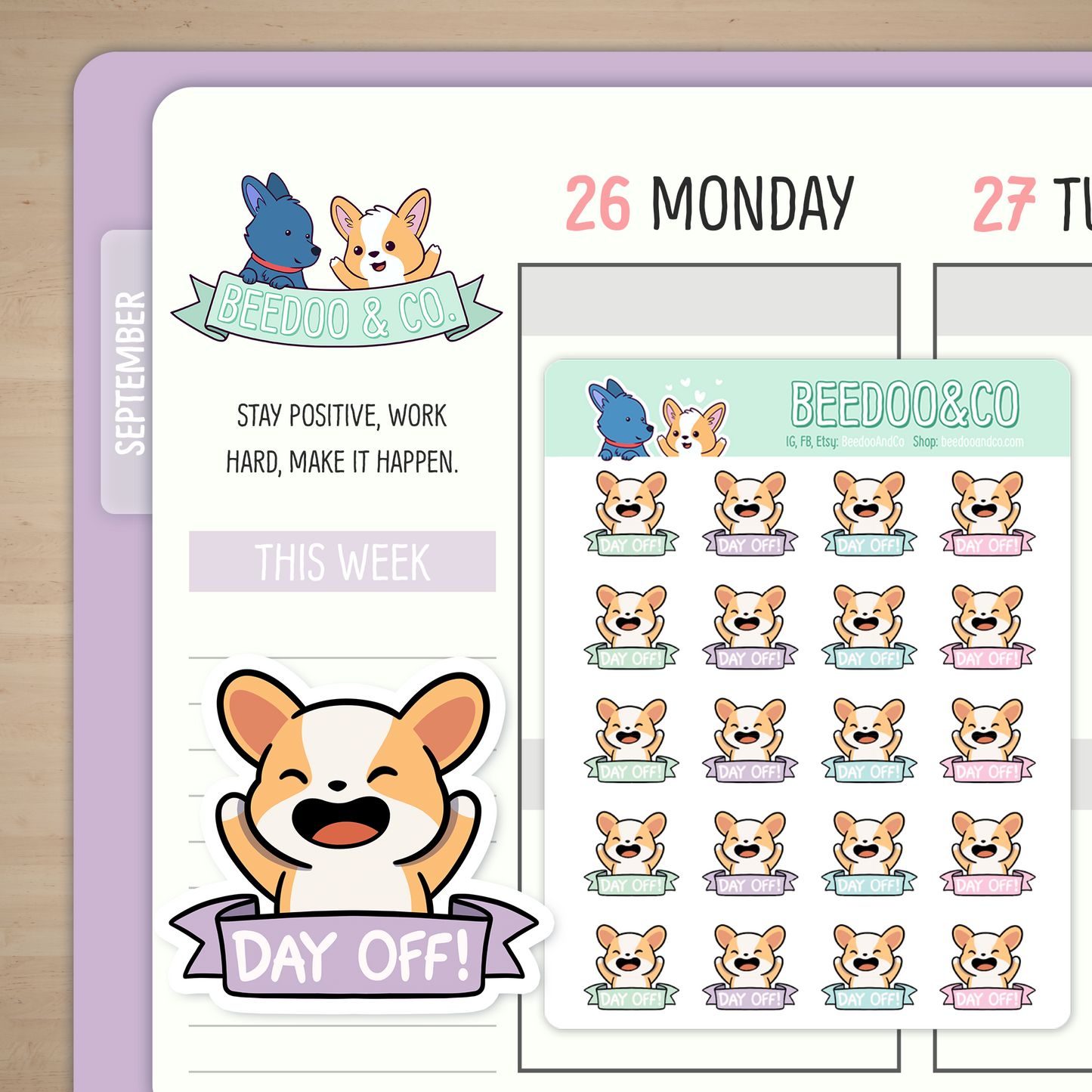 Day Off Miso Corgi Planner Stickers - Pastels