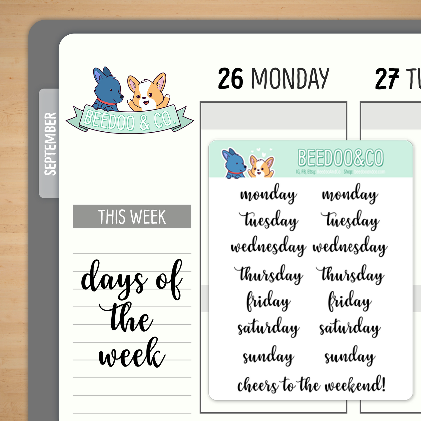 Script Days of the Week Planner Stickers