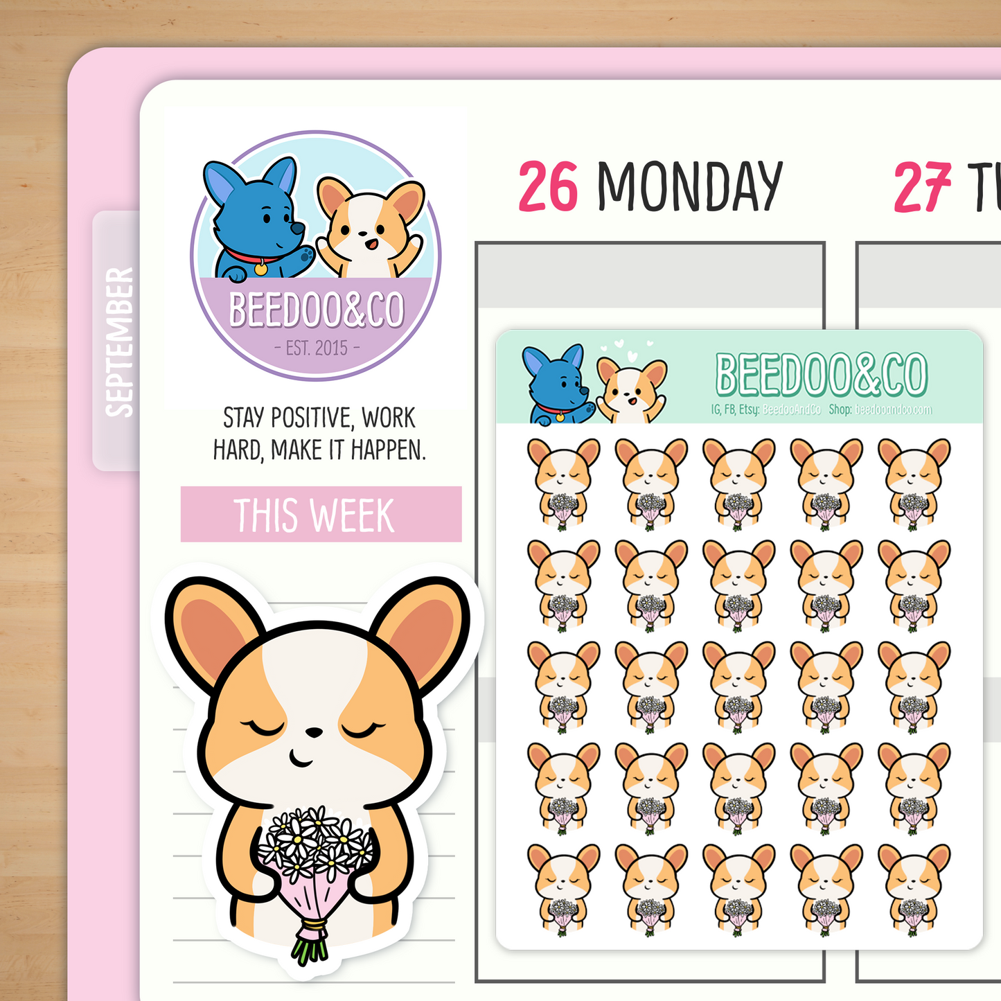 Miso The Corgi With A Bouquet Planner Stickers