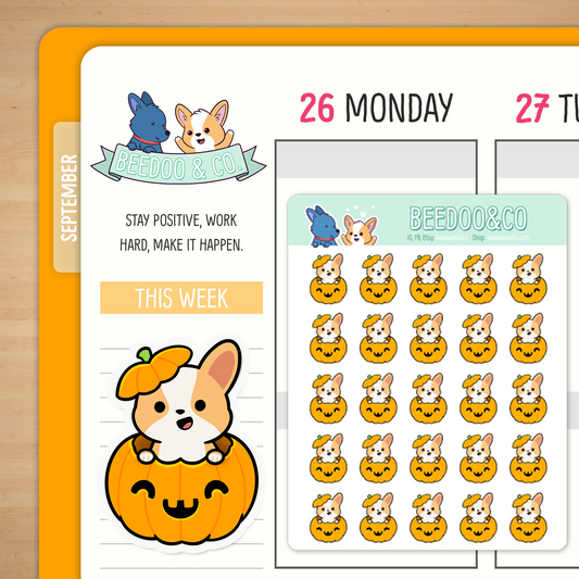 Miso the Corgi in a Pumpkin Planner Stickers