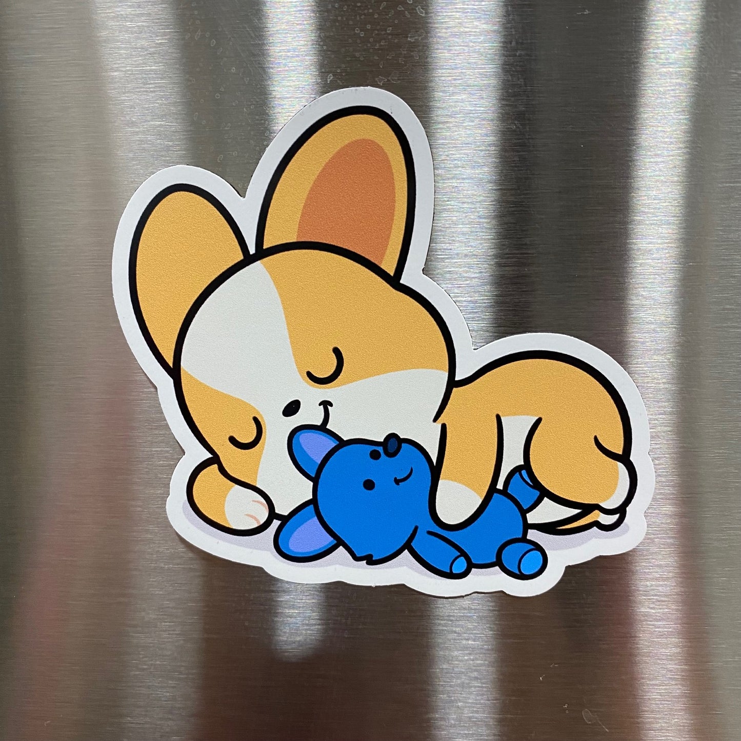 Miso The Corgi Sleeping With Teddy Fridge Magnet (3”)