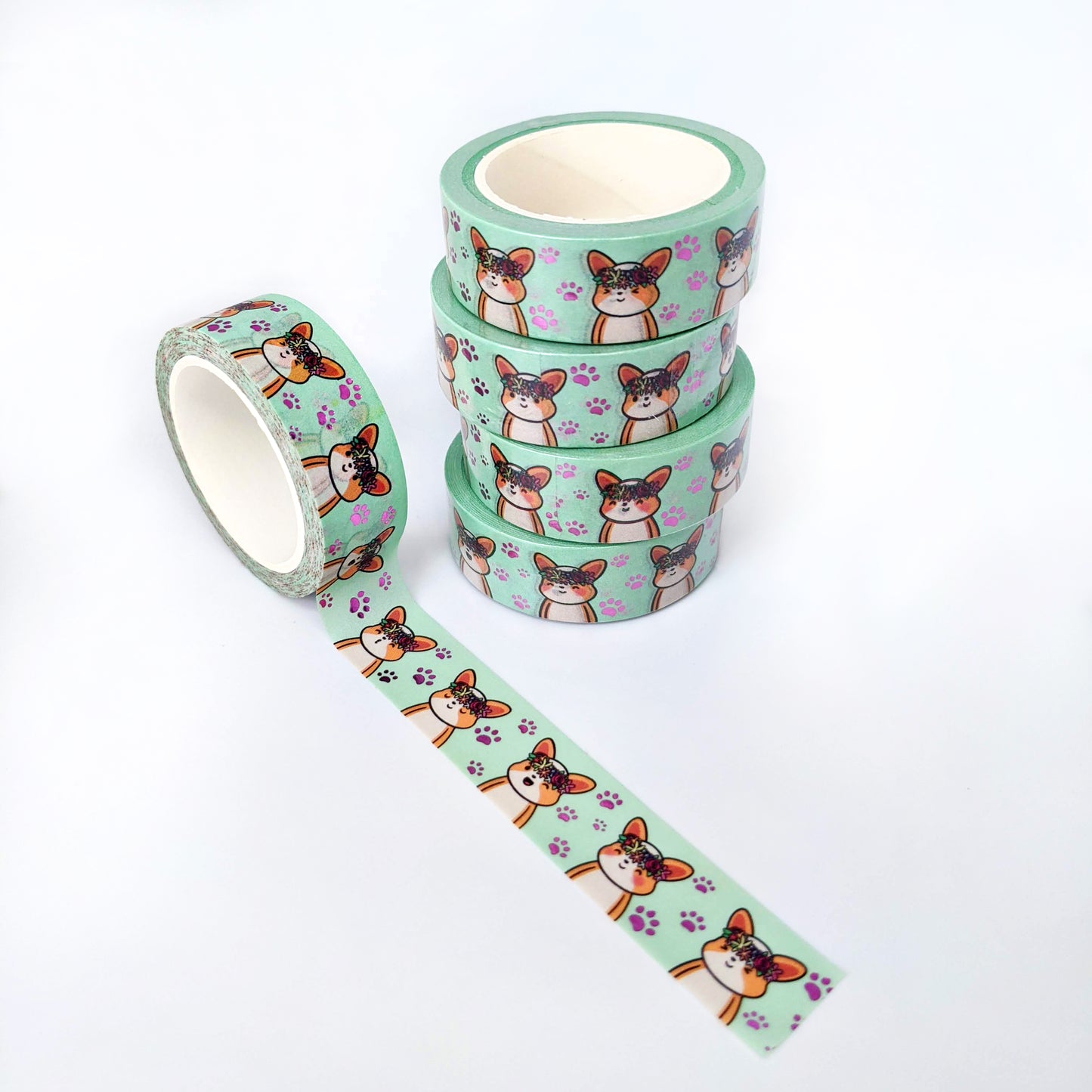 15mm Animal Villager Washi Tape, Galaxy Space Corgi Washi Tape, Pink Floral Crown Corgi Washi Tape