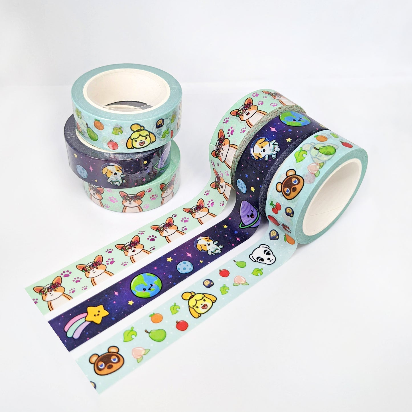 15mm Animal Villager Washi Tape, Galaxy Space Corgi Washi Tape, Pink Floral Crown Corgi Washi Tape