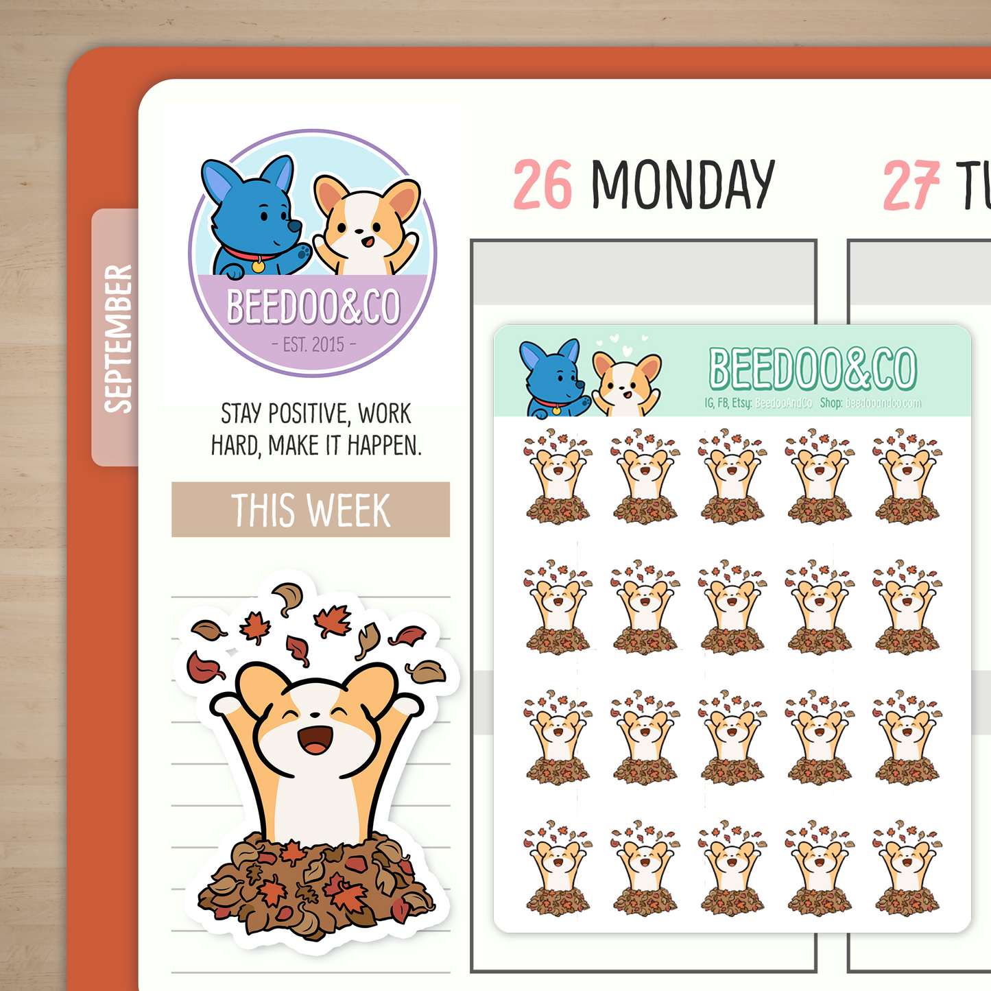 Miso The Corgi Jumping In Leaves Planner Stickers