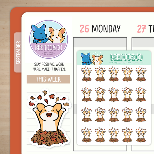 Miso The Corgi Jumping In Leaves Planner Stickers