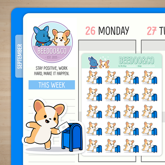 Miso Corgi Sending Mail (Blue) Planner Stickers
