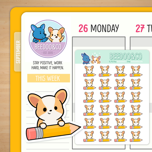 Miso The Corgi Holding A Pencil Planner Stickers
