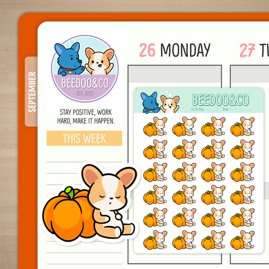 Miso The Corgi Sleeping On A Pumpkin Planner Stickers