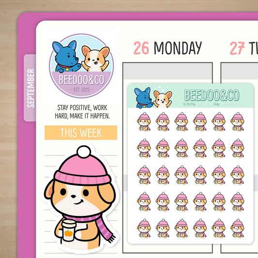 Miso The Corgi Drinking Pumpkin Spice Latte Planner Stickers