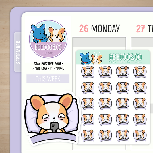 Miso The Corgi Scrolling In Bed Planner Stickers