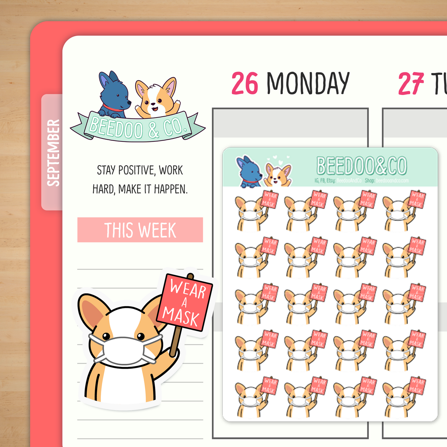 Miso Corgi Wears A Mask Holding Sign Planner Stickers