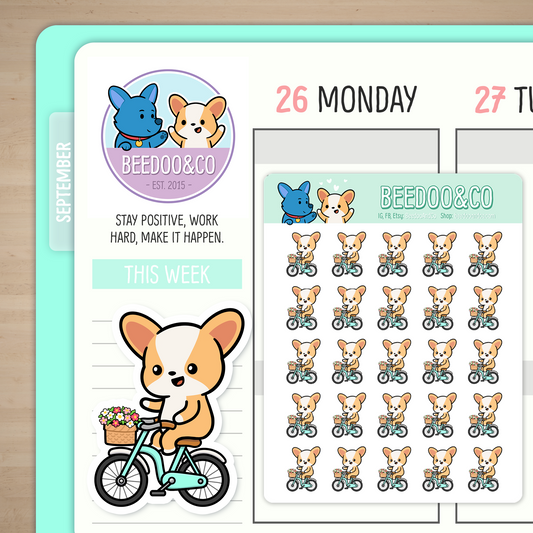 Miso The Corgi Riding A Bike Planner Stickers