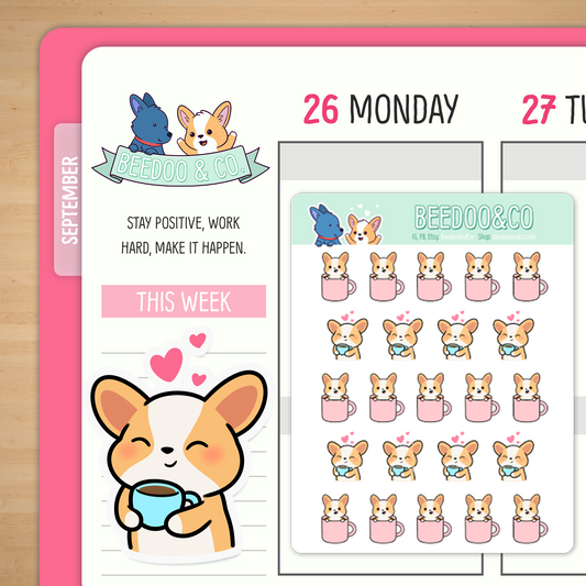 Miso the Corgi Drinking Coffee/Tea Planner Stickers