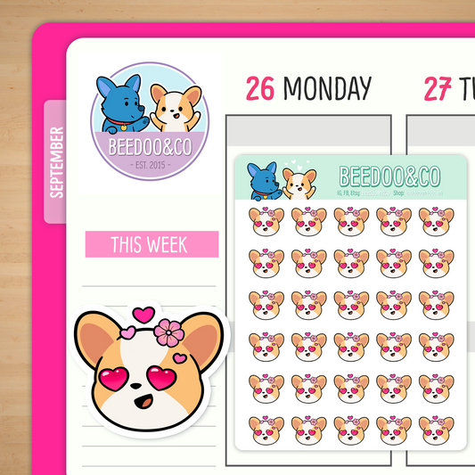 Miso The Corgi Floral Hearts Planner Stickers