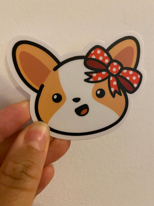 Miso The Corgi Wearing A Red Bow Vinyl Sticker (3”)