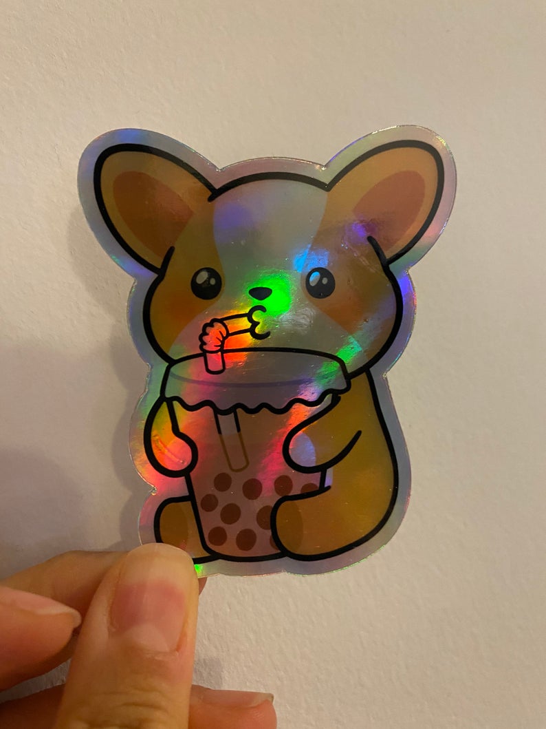 Miso The Corgi Drinking Boba Holographic Vinyl Sticker (3”)