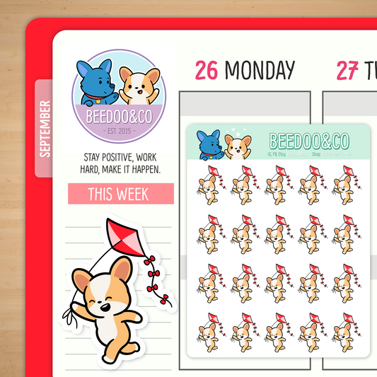 Miso The Corgi Flying A Kite Planner Stickers