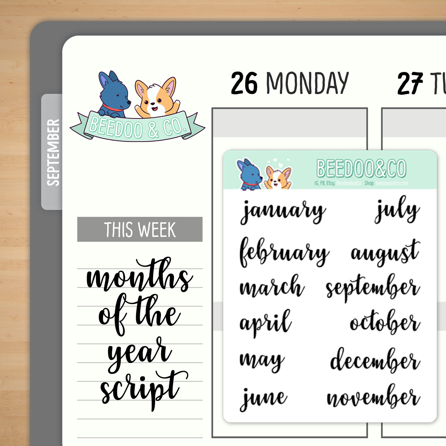 Script Months of the Year Planner Stickers