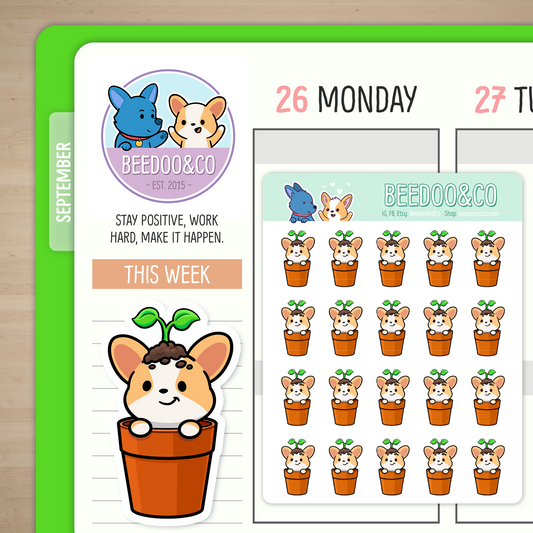 Miso The Corgi In A Plant Pot Planner Stickers
