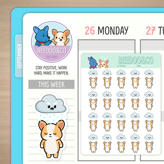 Miso The Corgi Sad Rainy Day Planner Stickers