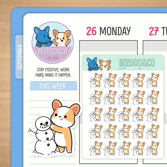 Miso The Corgi Makes A Snowman Planner Stickers