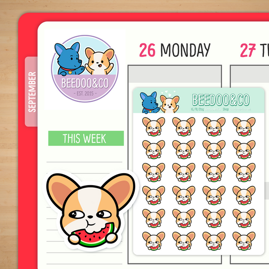 Miso The Corgi Eating Watermelon Planner Stickers